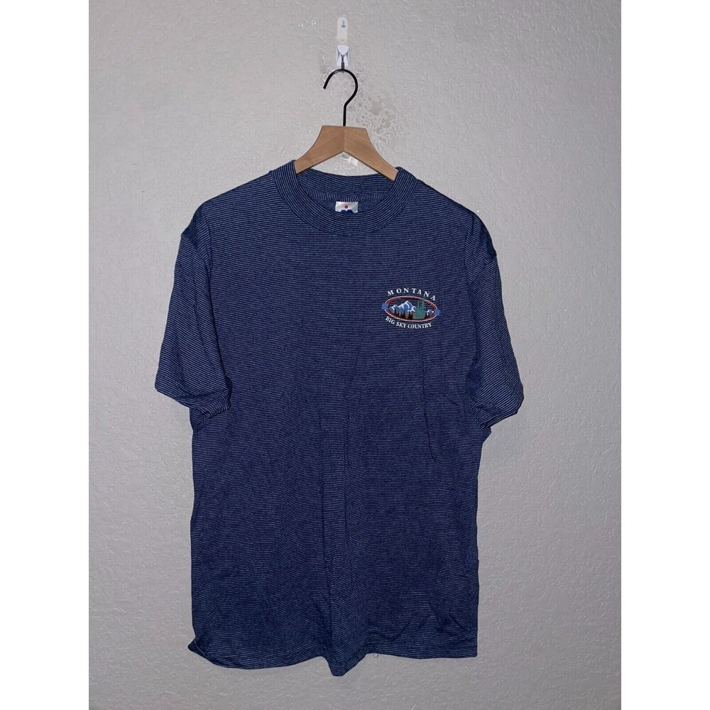 90s Vintage Miller MT Montana Big Sky Country Blue Striped Shirt Tee VTG 1990s L